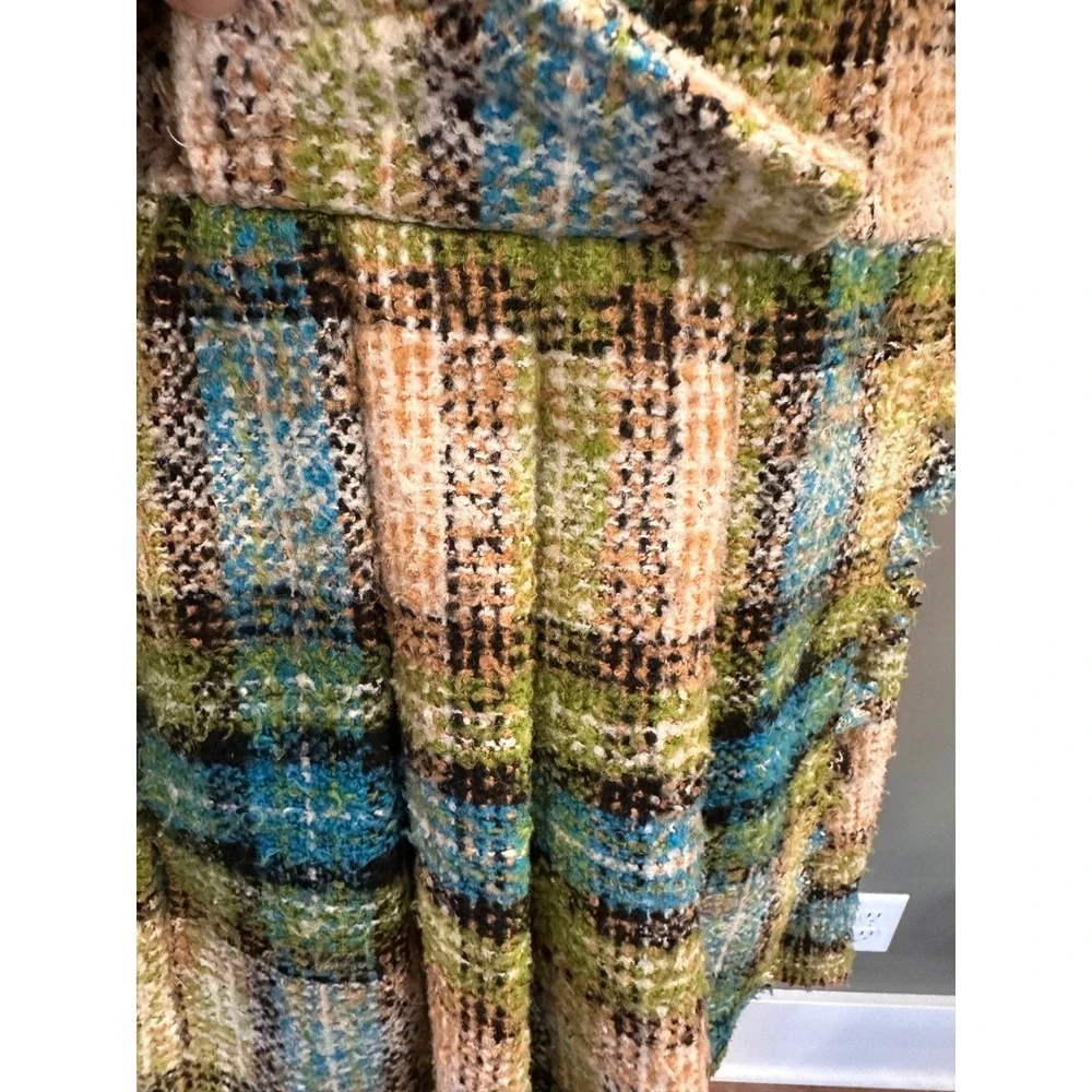 Anthropologie Nick &‎ Mo Retro Tweed Plaid Wool Flare Coat Small Fringed Boho